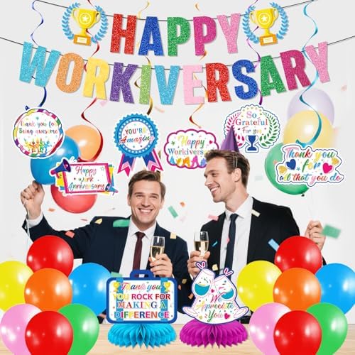 Work Anniversary Decorations: Happy Anniversary Banner Happy Anniversary Decorations with Hanging Swirls Honeycomb Centerpieces Balloons Office Employee Worker Appreciation Decor - Image 6