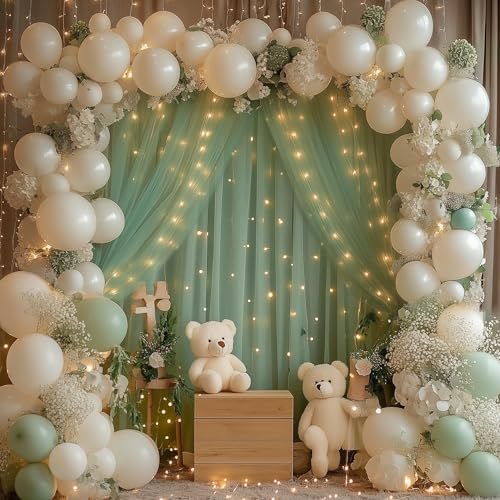 Green Tulle Backdrop Curtains with Lights 10x8ft Sheer Curtain Backdrop - Image 6