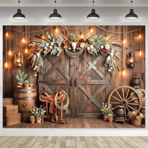 Western Cowboy Rustic Wooden Barn Door Backdrop, Wild West Cow Skull Cactus Vintage Farmhouse Photography Background for Rodeo Birthday Party Photo Booth Studio Portrait Props 7X5 FT - Image 3
