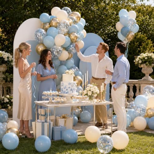 Dusty Blue and Gold Balloons, 12 Inch Blue Gold Balloons, Retro Fog Blue Metallic Golden White Confetti Balloons Latex Balloon for Wedding Baby Shower Gender Reveal Birthday Party Decoration - Image 4