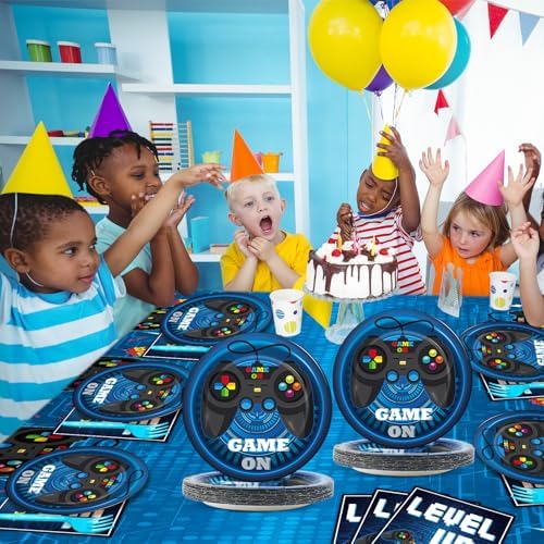 gisgfim Video Game Party Supplies Tableware Set for 20 Guests Gaming Parties Birthday Plates Blue Gamer Party Decorations Includes 7inch Plates, Napkins, Tablecloth - Image 5