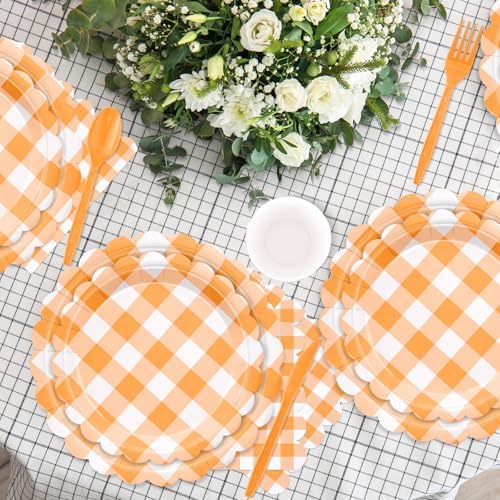 WNINK 175 PCS Orange Gingham Plates and Napkins, Orange Checkered Disposable Plates Set with Napkins Cups Plastic Spoons Forks Knives for Dinner Birthday Baby Shower Wedding Supplies Serve 25 Guests - Image 4