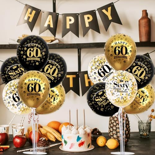 TONIFUL 4 Set Black Gold 60 Printed Balloon Stands for 60th Birthday Decor - Image 6