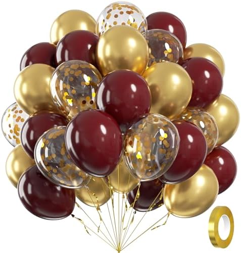 60pcs 12inch Burgundy and Gold Balloons with Gold Confetti Balloons by Awenztech