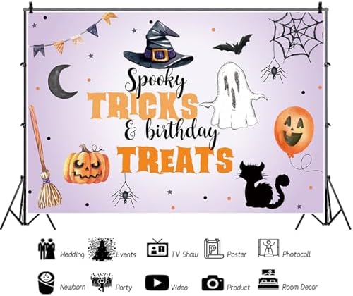 Spooky Halloween Backdrop Tricks and Birthday Treats Watercolor Ghost Pumpkin Witch Hat Background Kids Halloween Theme Birthday Party Decorations Cake Table Banner Photo Booth Props 15x8ft - Image 6