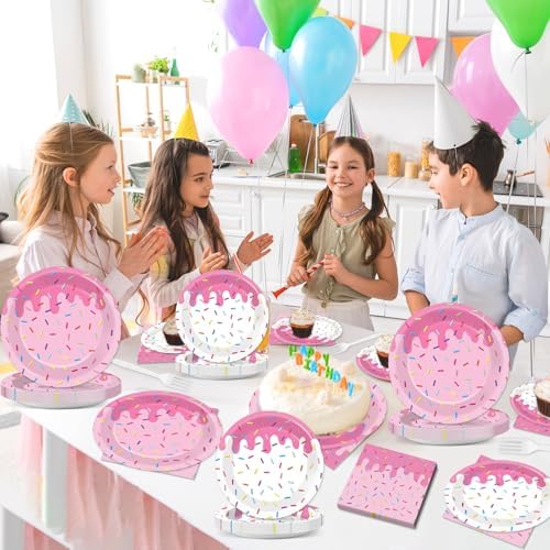 96Pcs Pink Donut Confetti Party Plates and Napkins Themed Decorations Spring Pink Donut Dessert Plates Donuts Tableware Set for 24 Guests Grow Up Themed Baby Shower Party Favors Supplies - Image 6