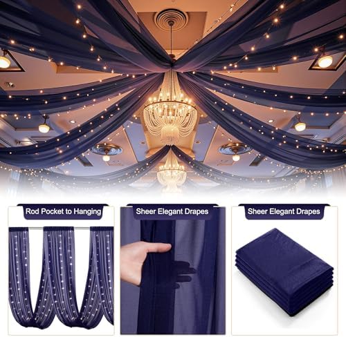 Navy Blue Ceiling Drapes with Lights String for Weddings, 6 Panels 5ftx20ft Sheer Tulle Backdrop Photo Background Drapes for Wedding Ceremony Birthday Party Arch Decoration - Image 5