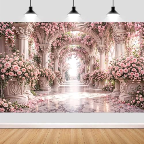 7X5ft Pink Rose Floral Wedding Backdrop European Palace Style Flower Arch Party Decortions Photography Background Anniversary Birthday Baby Shower Girl Party Portrait Photo Booth Props Wall Decor by NYMB