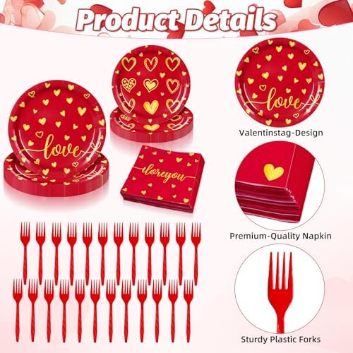 96 Pieces Valentine’s Day Love Tableware Set – Red and Gold Heart Disposable Plates, Napkins, and Forks for Romantic Dinners, Wedding, Anniversaries, and Valentine Celebrations – Serves 24 Guests - Image 3