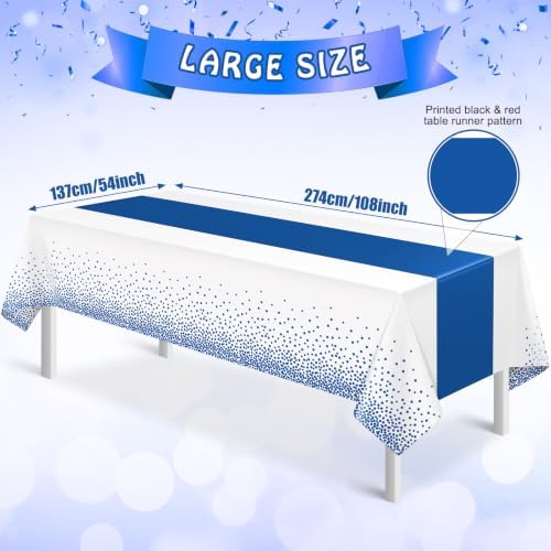 MASHAN 3Pcs White and Blue Tablecloth Party Decorations,Plastic Black Table Cloth Printed Blue Table Runner Disposable Rectangle Cover for Birthday Wedding Anniversary Graduation Party,54 x108 Inch - Image 2