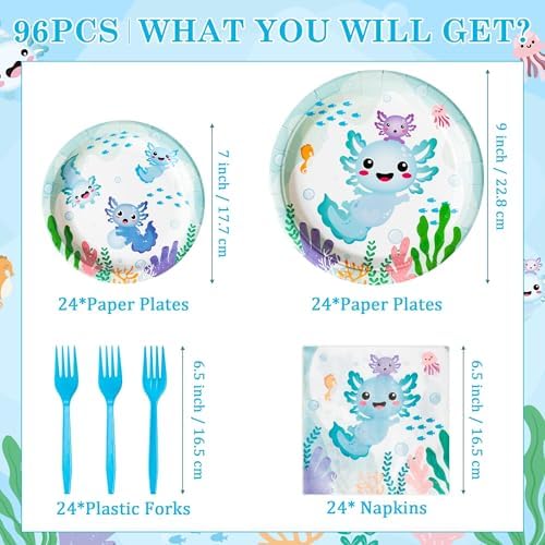 96Pcs Blue Axolotl Cute Cartoon Animals Party Plates Supplies Tableware Decorations Disposable Paper Plates Napkins Forks for Kids Birthday Baby Shower, Serves 24 - Image 2