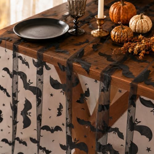 4Pcs Halloween Table Runner 29x72 in Black Mesh Bat Web Table Decor by Unknown