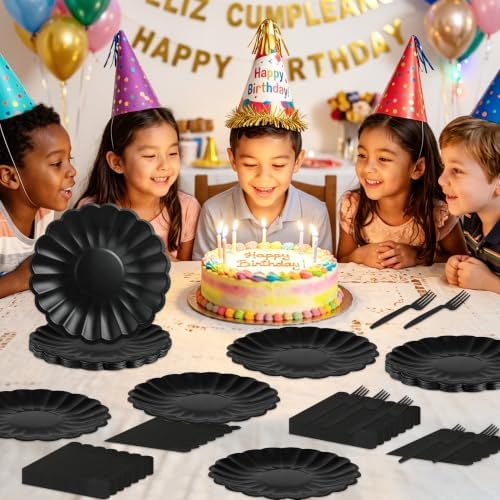 75 Pcs Black Paper Plates and Napkins, Tableware Set Serve 25 Guests - Image 5