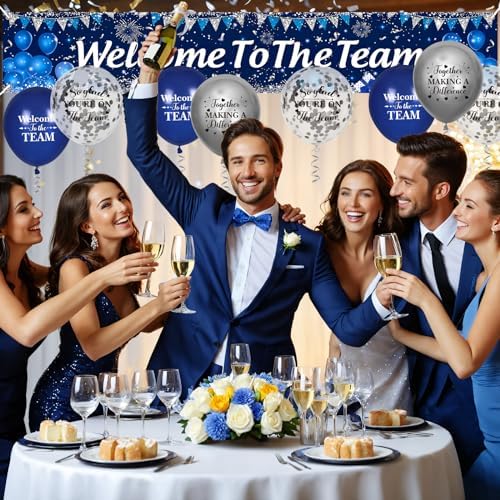 Blue Silver Welcome Team Yard Banner Sign with 18 Pcs Balloons for Office Party Decor - Image 4