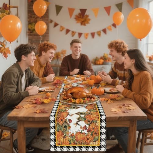 Buffalo Plaid Pumpkin Bow Table Runner 13x72 Inch - Easy-Clean Fall Thanksgiving Decor for Kitchen Dining Home Party by YOPINCO