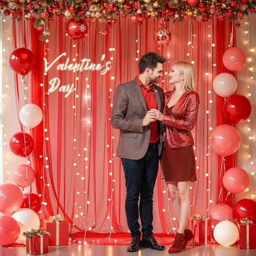 20x10ft Red Tulle Backdrop Curtain with Lights String for Parites, Sheer Photo Backdrop Curtains with Lights for Christmas Wedding Ceremony Reception Bridal Shower Baby Shower Birthday Party - Image 3