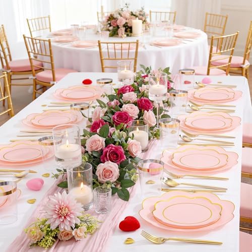 ejonirinjonir 180pcs Double Gold Rim Pink Plastic Plates for Sweet Party - Image 5