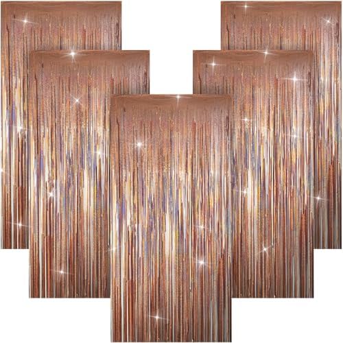 5 Pack 3.28ft x 6.56ft Glitter Rose Gold Tinsel Foil Fringe Curtains, Photo Booth Backdrop Party Decorations for Birthday Wedding Baby Shower Galentines Bachelorette New Years by Unknown