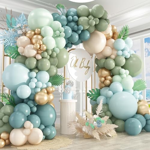 412Pcs Dusty Blue Green Balloon Garland Arch Kit,Haze Fog Blue Ash Mist Sage Green Sand White Gold Balloons Different Sizes Matte Latex Balloons for Baby Shower Birthday Wedding Party Decorations by PAXILE