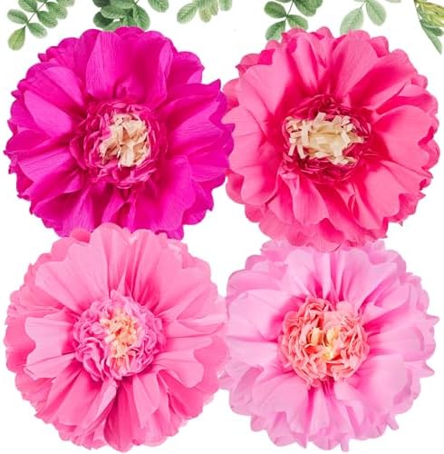 SUNBEAUTY 20" Giant Pink Paper Flowers 4 PCS Large Crepe Tissue Paper Flowers Pink Party Decorations for Girl Women Birthday Spring Garden Wedding Flower Backdrop Wall Bridal Shower Nursery by SUNBEAUTY