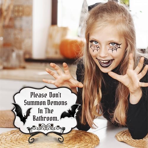 Halloween Wooden Decoration-Please Don't Summon Demons In The Bathroom Wooden Sign With 2 DIY Stickable Wood Decor & A Metal Support- Home Decoration-Halloween Bat Welcome Decor Plaque-A08 - Image 3