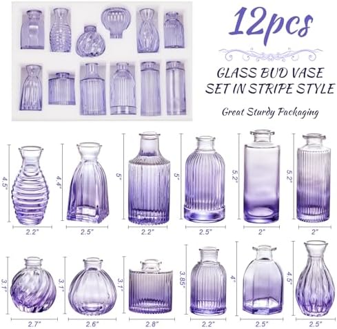 Glass Bud Vases Set of 12, Small Purple Vase Glass Vases for Flowers Modern Ribbed Colored Bud Vase for Decor Wedding Flower Vase in Bulk Vintage Decor Bridal Shower Centerpieces Home Table Decoration - Image 2