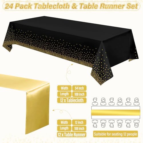 24 Pack Black and Gold Tablecloth and Table Runner Set Party Decorations, Black and Gold Plastic Disposable Tablecloth and Satin Table Runner for Wedding Birthday Bridal Graduation Anniversary Party - Image 2