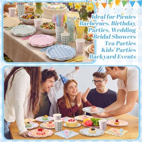 450 Pcs Gingham Tableware Set, Serve 50, Pastel - Image 5