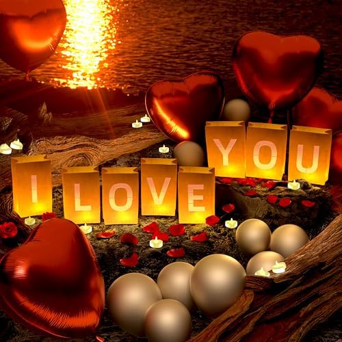 I Love You Light Up Letters, with Tea Lights Candles, Rose Petals, Pearlescent Foil Balloons - Luminary Paper Bags, Anniversary Decorations and Valentines' Day Decorations for Your Loved One - Image 4