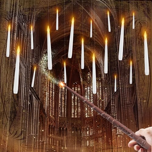 Raycare 20 Pcs Floating Candles with Wand, Hanging Candle with Timer, Magic Deco Candles Flickering Warm Light, Flameless Taper Candle with Remote, LED Candlesticks for Birthday Halloween Party Decor by Raycare