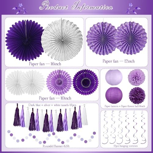 Meiduo 34 Pcs Purple Party Decorations, Paper Fans, Lanterns, Pom Poms Set - Image 2