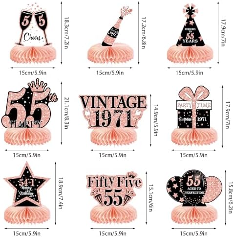 9Pcs 55th Birthday Decorations Honeycomb Centerpieces for Women, Rose Gold Pink Happy 55th Birthday Centerpieces Tables Toppers Party Decorations Supplies, Vintage 1971 Aged Table Sign Decor - Image 2