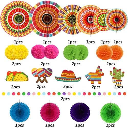 ZERODECO Mexican Party Decorations, 21 Pcs Multi-color Paper Fans, Pom Poms Flowers for Mexican Fiesta Cinco De Mayo Taco Themed Birthday Party Supplies - Image 2