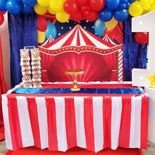 1 Pack Carnival Table Skirt Party Decorations, Red and White Striped Table Skirts, Disposable Table Decorations for Concession Stand Carnival Circus Themed Party Supplies Decorations, 2.4 x 14 Ft - Image 4