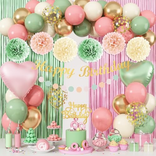 Jobkoo Sage Green Pink Birthday Decorations, Blush Pink Olive Green Gold Sand White Latex Confetti Balloons Boho Happy Birthday Banner Fringe Curtain Pompom for Women Girls Woodland Fairy Party Decor by Jobkoo