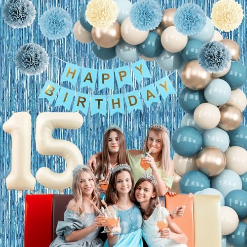 Dusty Blue 15th Birthday Party Decorations Boys Beige Number 15 Balloon - Image 6