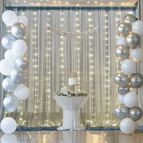 Silver Grey Tulle Backdrop Curtain with Lights String for Parites 10x8ft Sheer Backdrop Curtains for Birthday Party Bridal Shower Baby Shower Wedding Ceremony Prom Photo Booth Background Decorations - Image 4