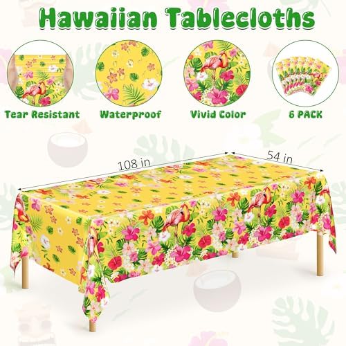 QZYL 6 PCS Luau Tablecloths, 54 x 108 Inches Hawaiian Table Cloths, Disposable Luau Party Supplies Tropical Decorations with Flamingo Palm Leaves, Aloha Party Decorations Summer Decor for Tiki Bar - Image 2
