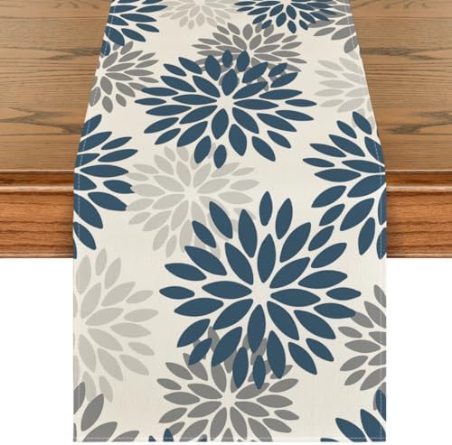 Artoid Mode Dahlia Aqua Floral Pinnata Flower Winter Table Runner, Seasonal Summer Holiday Kitchen Dining Table Decoration for Home Party Decor 13x90 Inch by ArtoidMode