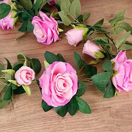 Teldrassil 4Pcs(26 FT) Artificial Rose Vine Fake Flower Garland Fake Silk Rose Hanging Vine for Wedding Party Background Arch Garden Background Decoration (Purplish Red) - Image 3