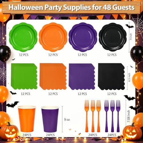 192Pcs Purple Orange Balck Plates and Napkins Party Supplies, Disposable 9’’ Scalloped Halloween Paper Plates Cups Napkins Forks Party Decorations for Birthday, Serves 48 - Image 2