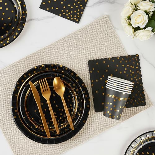 168Pcs Black and Gold Paper Plates and Napkins Party Supplies for 24 Guest - Image 7