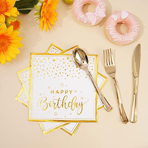 175PCS Happy Birthday Plates and Napkins Party Supplies, Gold Dot Paper Plates and Napkins with Gold Plastic Forks Knives Spoons Serve 25 Guests for Birthday Party Decorations - Image 4
