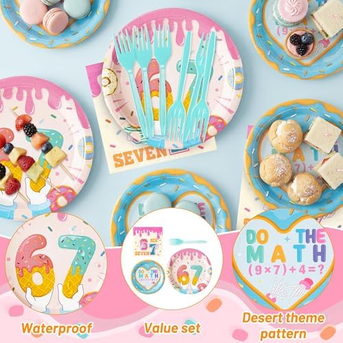 GaofanWai Ice Cream Drip 7 Tableware - 24 Pack Desert Donut Disposable Paper Plate Napkin Fork Six Seven Themed Birthday Party Tableware for Kids, Funny 6 7 Meme Party Decoration for Girl, 24 Guests - Image 3