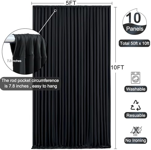 10 Panels Black Backdrop Curtain for Parties Wrinkle Free Black Photo Curtains Backdrop Drapes Fabric Decoration for Birthday Party Wedding 50ft(W) x 10ft(H) - Image 5
