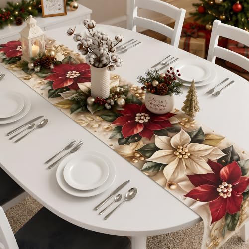Christmas Decorations - Elegant Red White Poinsettia Gold Leaf Table Runner - Image 6