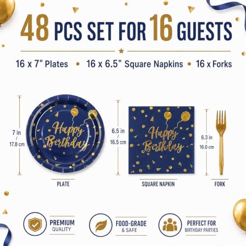 48PCS Happy Birthday Plates and Napkins Party Supplies, Blue and Gold Disposable Paper Plates and Napkins with Forks Tableware Set for Birthday Party Decorations 16 Guests - Image 2