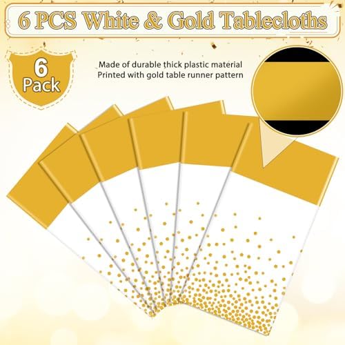 6Pcs White and Gold Tablecloth Party Decorations,Plastic White Table Cloth Printed Gold Table Runner Disposable Rectangle Table Cover for Birthday Wedding Anniversary Graduation Party,54 x108 Inch - Image 4