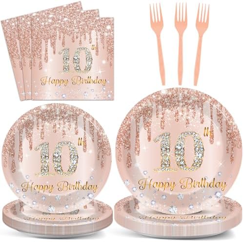 96 Pcs 10th Birthday Decoration for Girls Rose Gold 10th Birthday Plates and Napkins Party Supplies Rose Gold Pink Happy 10 Years Party Disposable Tableware Set for 24 Guests Party Decoration by CHUNNIN