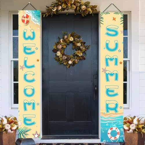 BlissYard 2pcs Welcome Summer Door Banner Beach Themed Decorations Sea Star Hanging Porch Banner Summer Decor for Outside Hawaii Tropical Party Seasonal Outdoor Indoor Holiday Supplies - Image 3